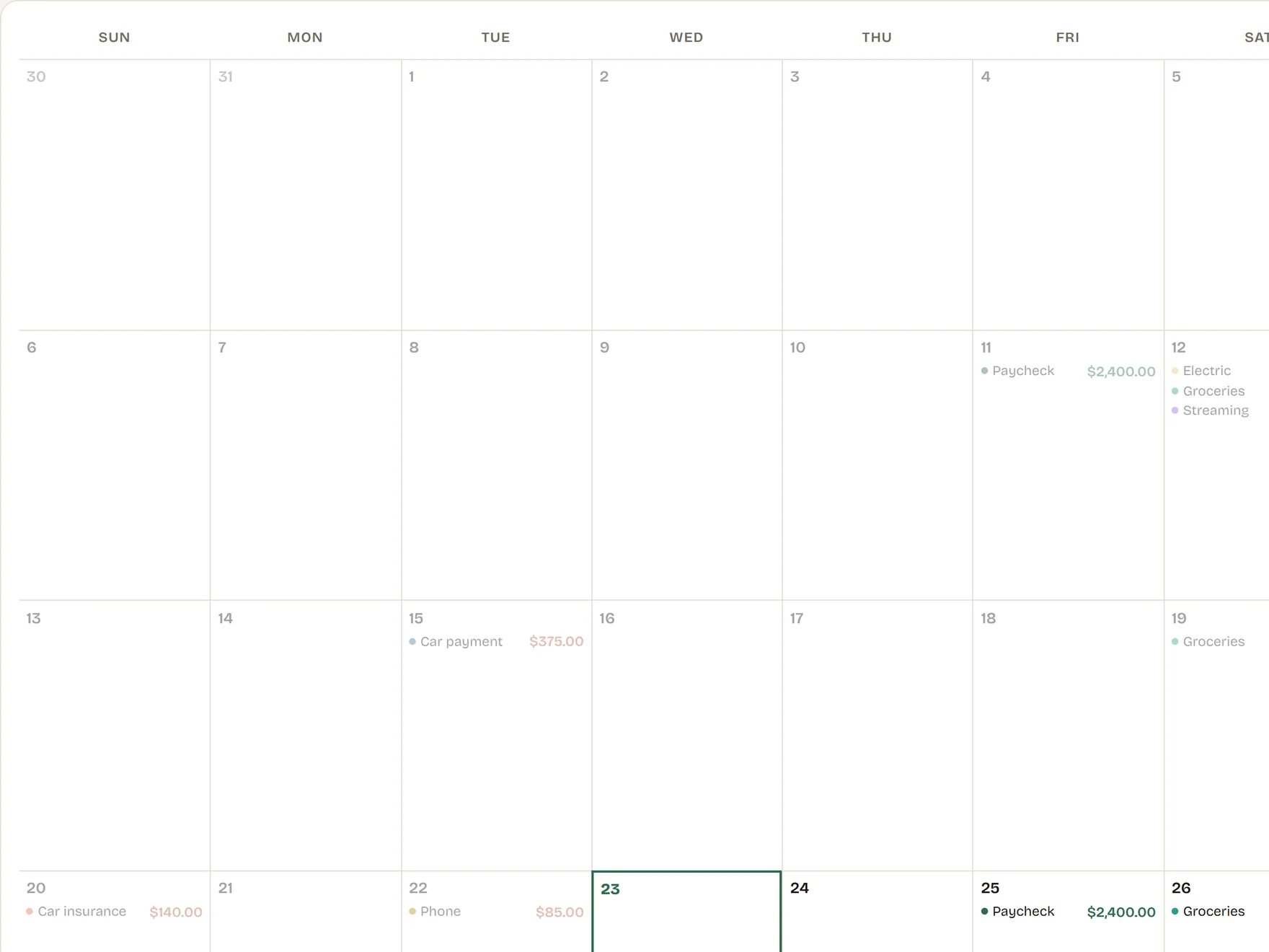 A month of the calendar with paychecks and bills marked on the days they land