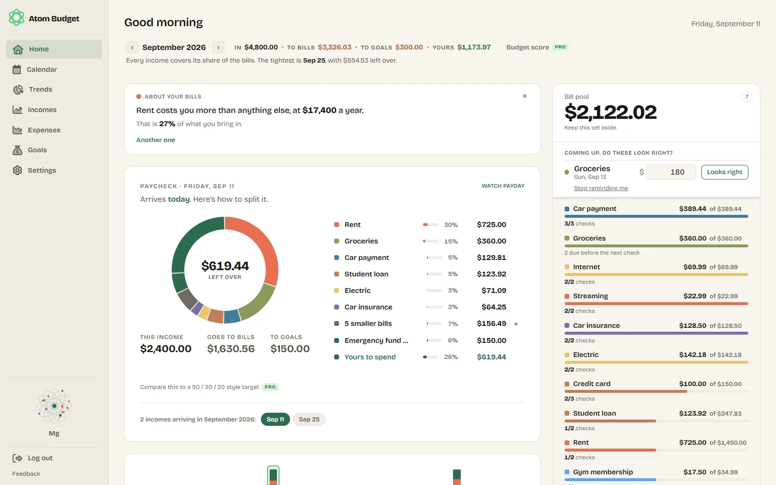 Atom Budget on the web: a paycheck split across the bills it covers, and the bill pool beside it
